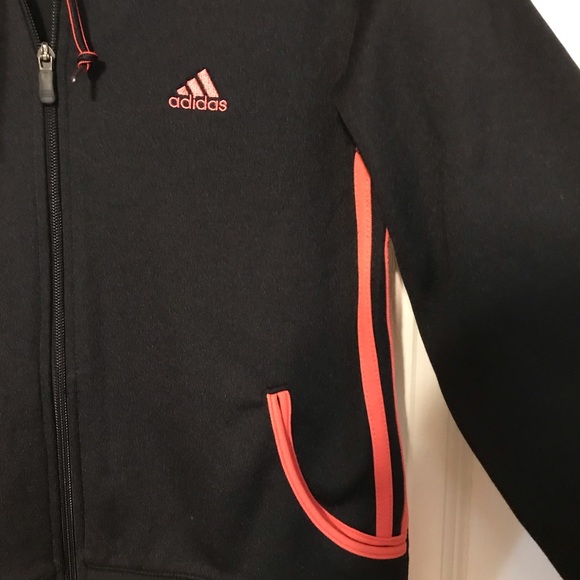 Adidas Zip up hooded black sweatshirt with orange stripe, size medium petite - Picture 3 of 8